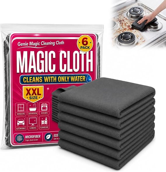 Genie Cloth Magic Cloth, Genie Magic Cleaning Cloth 6Pack, 16x12 Inch LintFree & StreakFree Rags for Glass, Stainless Steel, Screens, Cars