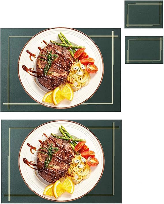 Table Placemats and Coasters Set of 2 Faux Leather Rectangular Non-Slip Heat-Resistant Dining Mats for Restaurant Kitchen Office Place Mat Blue (Green A) B One Size