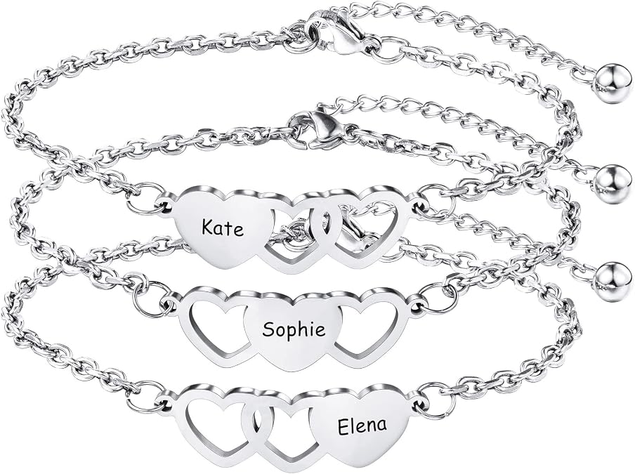 MeMeDIY 2/3 PCS Friendship Bracelets Best Friend Bracelet Set in Stainless Steel Personalized Names for Sisters BFF Women Birthday Wedding Bridesmaid Gifts