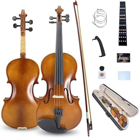 Vetimobato Handmade 4/4 Full Size Violin Set - Matte Finish Body Maple Neck Solid Wood Fittings Complete Kit with Case Bow Shoulder Rest, Strings for Beginners to Intermediate Players (4/4)