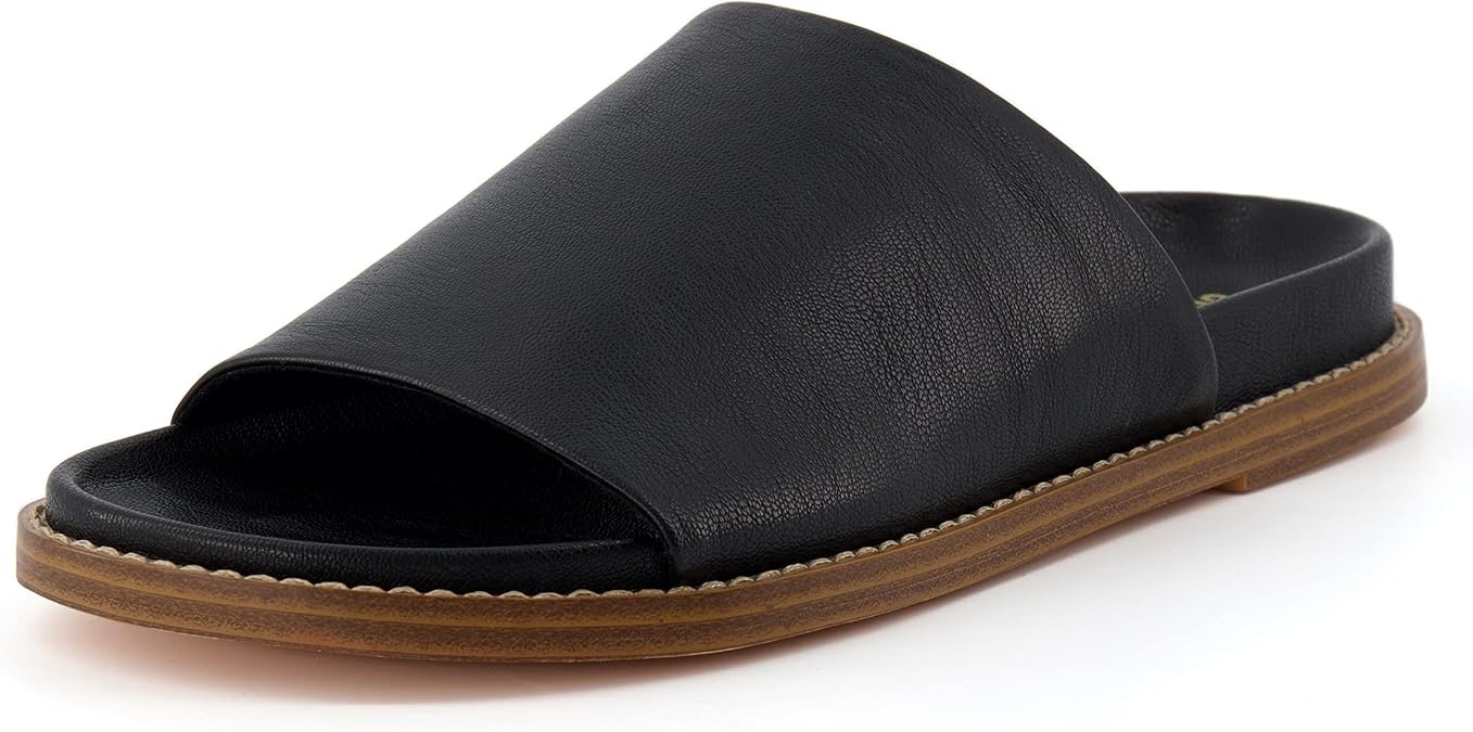CUSHIONAIRE Nugget Womens Slide Sandals, Vegan Leather Flat Summer Sandals for Women 2025 with Cushioned Footbed Comfort, BLACK 6