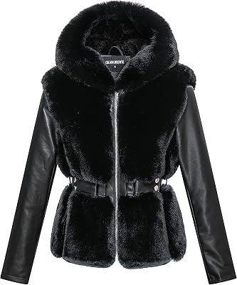 GRAN ORIENTE Womens Faux Leather Jacket with Faux Fur Lining and Collar Warm Winter Plush Long Sleeve Zip Cropped Coat with Pockets Adjustable Waist Hooded Outerwear Black Large