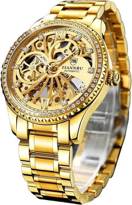 FORSINING Luxury Gold Automatic Mechanical Watch for Men - Skeleton Dial with Mock Tourbillon, Diamond Markers & Bezel, 9mm Thin Case Stainless Steel Band, Self-Winding Wristwatch