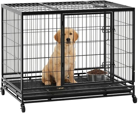Dog Crate Cage for Large Dogs Heavy Duty 48/42/36Inches Dog Kennel Pet Playpen for Training Indoor Outdoor with Plastic Tray Double Doors & Locks Design (42")