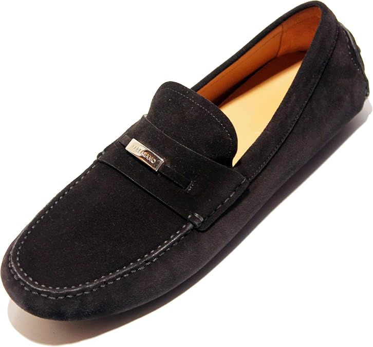 Ferragamo Grenoble Gancini Black Suede Leather Dress Loafers Buckle Mens Drivers Shoes, Nero