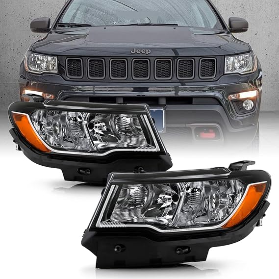 ACANII - For [Halogen Model] 2017-2021 Jeep Compass OE Factory Style Chrome Headlights Headlamps Pair Set LeftRight