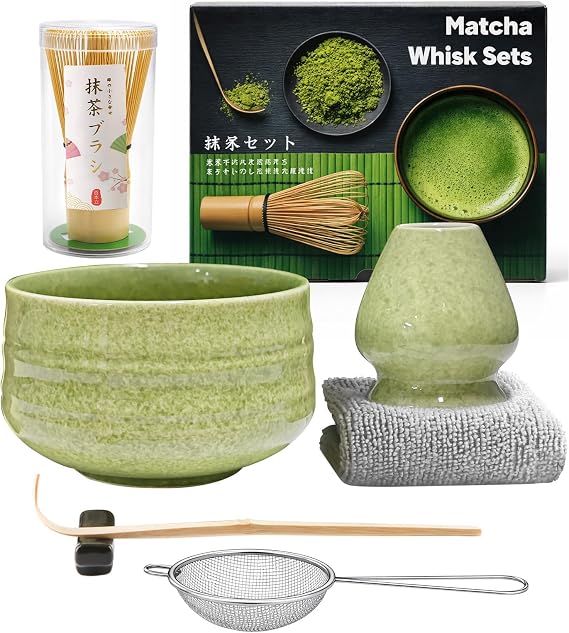 7 Pieces Japanese Matcha Ceremony Kit, Natural Bamboo Matcha Beater, Matcha Bowl, Bamboo Scoop, Strainer, Tea Towel, Whisk Holder, Complete Matcha Set