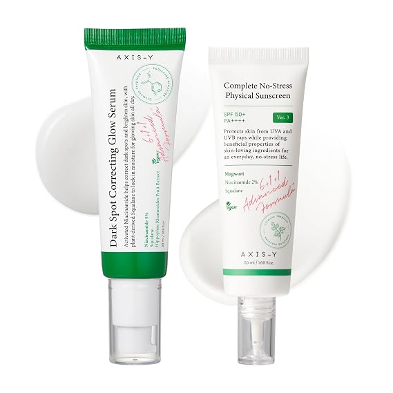 AXIS-Y Niacinamide Skincare Duo - SPF50 OTC-Regulated Mineral Sunscreen & Dark Spot Correcting Glow Serum - Vegan Korean Skin Care Set - Daily Radiance Defense Care for All Skin Types