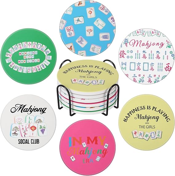 6 Pcs Mahjong Themed Coasters with Holder Ceramic Absorbent Funny Coaster for Housewarming Home Decoration Coffee Table Protection