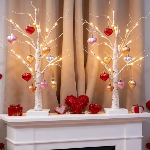 2Pack Valentines Day Decor Lighted Birch Tree with Heart-Shaped Ornaments,USB&Battery Operated Light Up Artificial Tree for Home Indoor Party Valentines Day Decorations (Warm White)