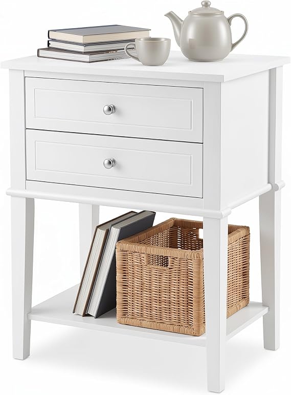 End Table, 3-Tier Nightstand with Drawer and 2 Shelves, Wood Look Accent Narrow End Tables for Bed Room Office, Lake Blue