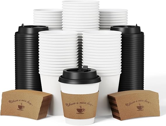 LITOPAK 100 Pack 10 oz Disposable Coffee Cups with Lids and Kraft Sleeves, Leak-Proof White To Go Coffee Cups for Office, Cafe, Catering, Events and Daily Commute