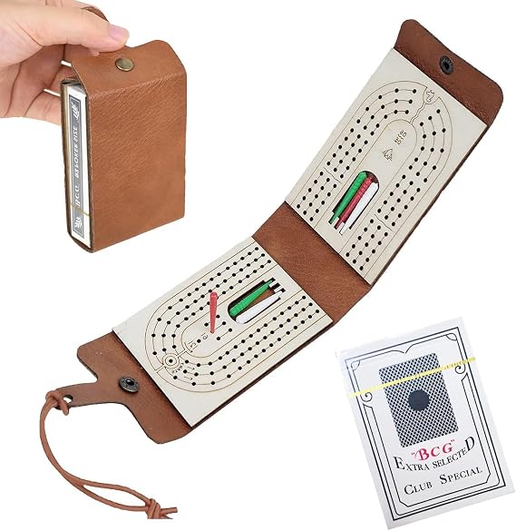 Classic Cribbage Board Set, Travel Size with Leather Case, Includes Full Deck of Cards and 6 Pegs, 25cm Folding Board Game