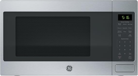 GE Countertop Microwave Oven, 1150 Watt, 1.6 Cu. Ft., Stainless Steel | 8 Convenience Cook Settings, One-Touch Controls, Child Lock Technology, Glass Turntable, for Kitchen, Dorm, Office, Apartment