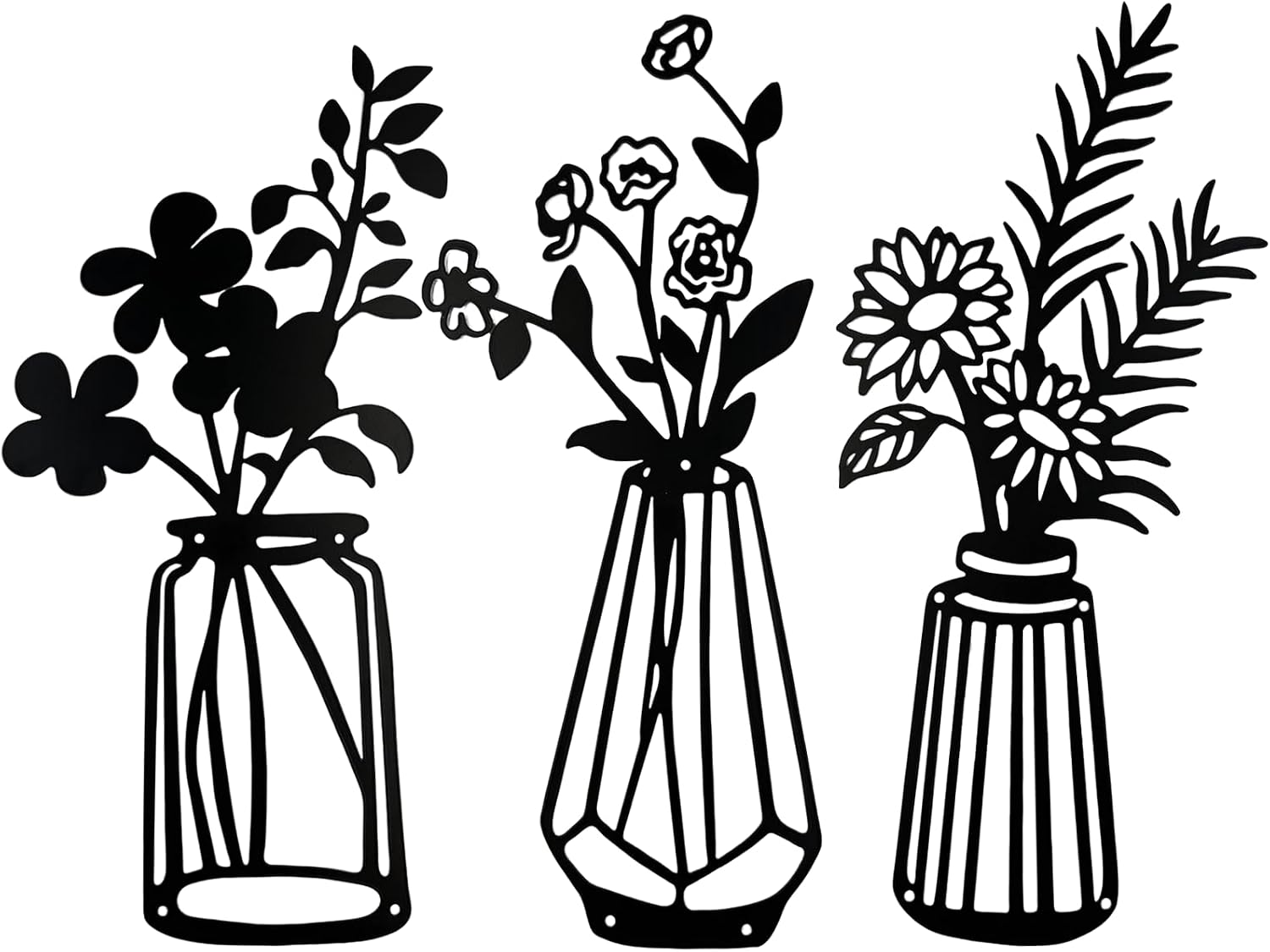3 Pcs Metal Flowers Wall Arts,Black Metal Vase Wall Art,Iron Art Painting,Rustic Farmhouse Decor Minimalist Flower Decor for Bedroom Bathroom Living Room Dining RoomBlack, Vase-B