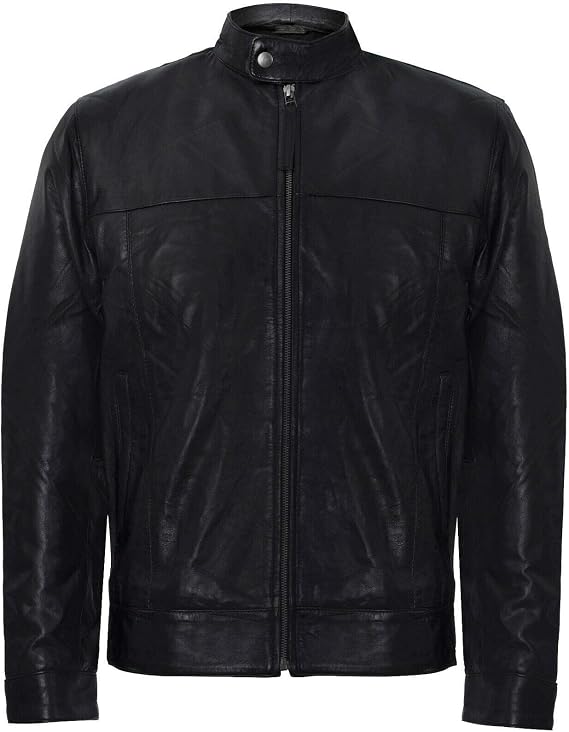 Men's Smart Black Real Soft Genuine Leather Classic Collar Harrington Jacket