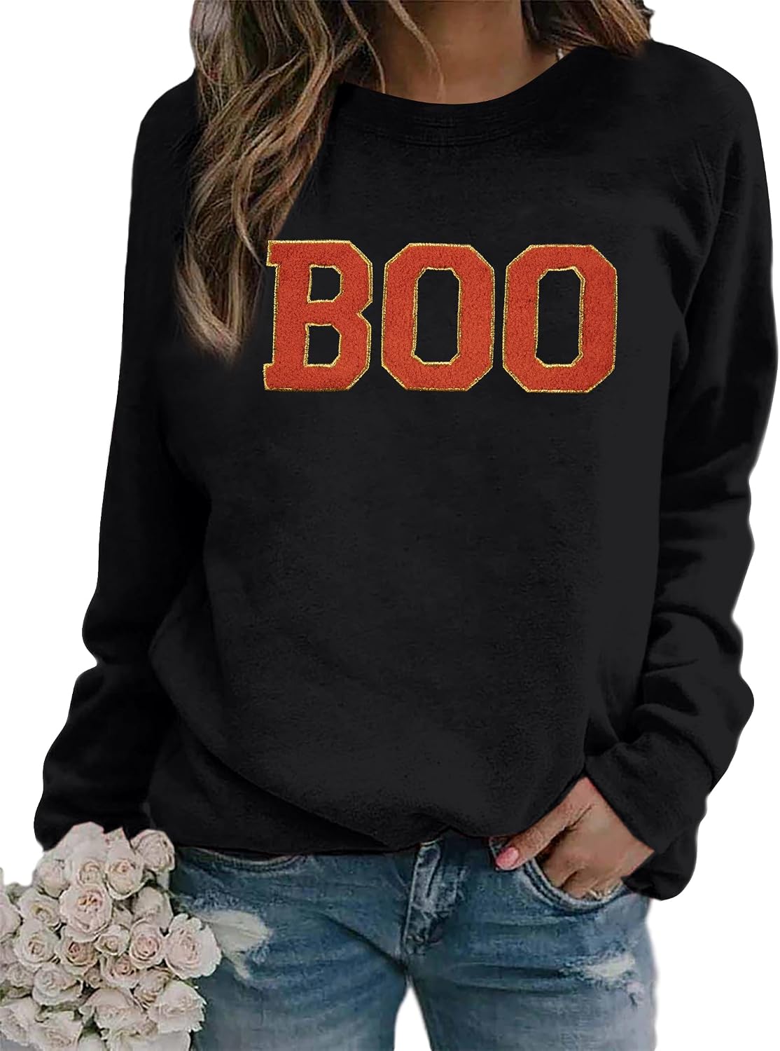 MYHALF Halloween Sweatshirt for Women Boo Embroidered Sweaters Cute Spooky Season Shirt Long Sleeve Fall Winter Pullover Tops
