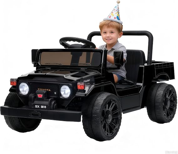 12V Licensed Toyota Ride on Truck, Electric Car Toy w/Parent Remote Control, Truck Bed Storage, Bluetooth Speaker, LED Lights, 3.73 MPH Max Speed, Safety Belt, Suspension, Black