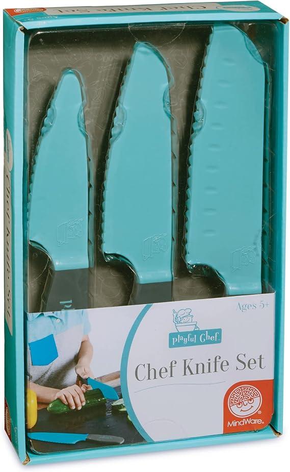 Playful Chef: Safety Knife Set for Kids 3 Knives Plastic Blades with Serrated Edges Safe for Little Hands, Ages 5 & up - Dishwasher Safe