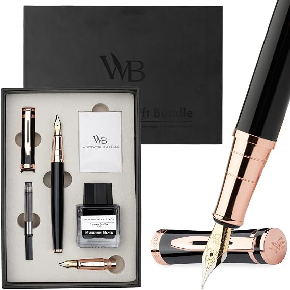 Wordsworth & Black Fountain Pen Gift Set, Medium & Extra Fine Nib, Black Rose