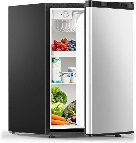 COWSAR 2.6 Cu.Ft Mini Fridge with Freezer for Bedroom Dorm, Silver | Single Reversible Door, 7 Temperature Settings, Energy Saving, 2 Removable Glass Shelves, Small Refrigerator for Apartment