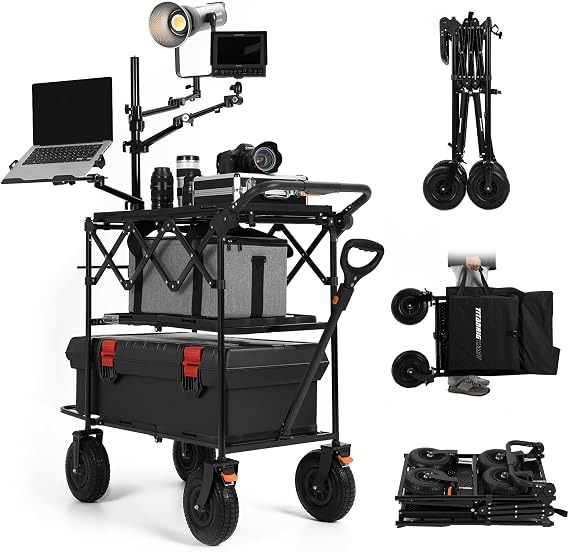 TARION Video Production Camera Cart Mobile Workstation Titanrig Cart Basic | 440lb Load Capacity, Foldable 3 Tray, 9" PU Swivel Wheels, Tool-Free Setup, Quick Release Folding