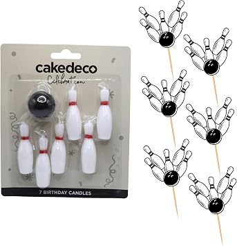 Oasis Supply 7pc Bowling Pins and Ball Candle Set Perfect for Bowling Cake Decorating Plus Added Cupcake Picks or Stickers