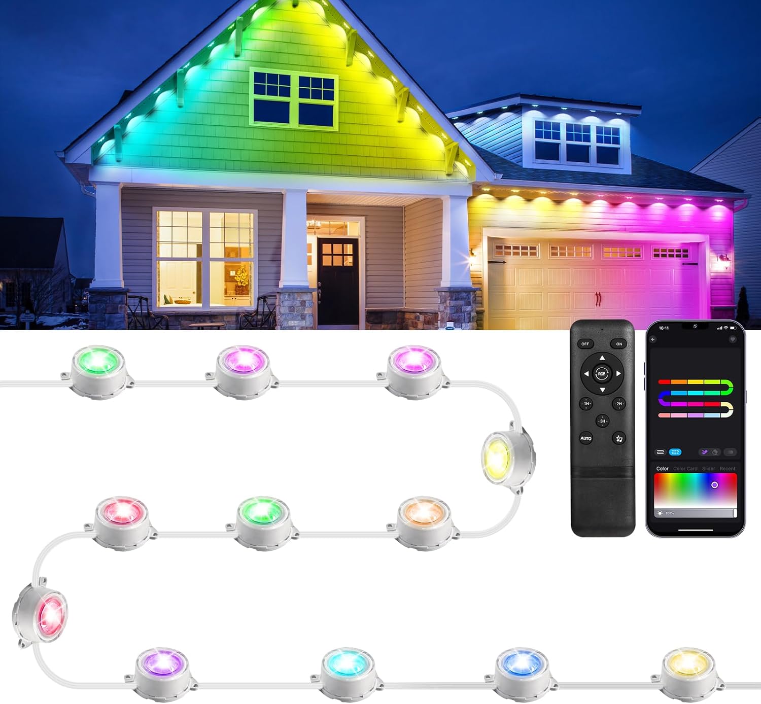 FVTLED 50FT Permanent Outdoor Lights for House, Smart RGBIC LED Eaves Lighting with APPRemote Control, IP67 Waterproof Outdoor String Light with 36 LED Lights for Garden Decor, Deck, Christmas