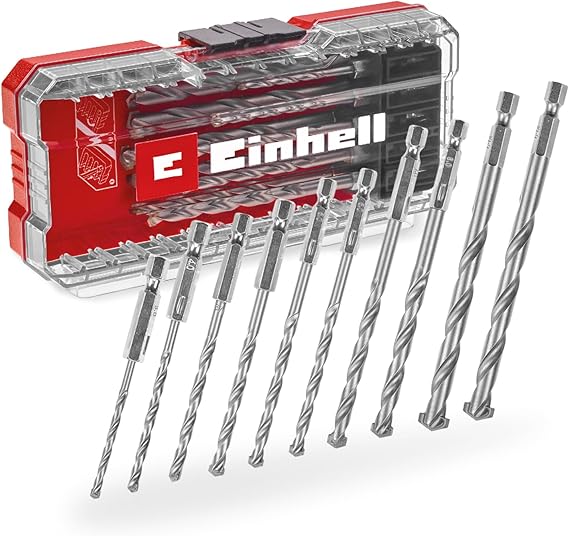 Orijinal Einhell S-CASE 10 parçalı duvar matkap ucu seti (DIN 10083-2'ye göre çelikten yapılmış, E 6.3 sap, takılı karbür uç, haddelenmiş mil, saklama kutusu dahil) - 49108743