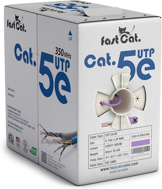 Cat5e Ethernet Cable 1000ft - 24 AWG, CMR, Insulated Bare Copper Wire Cat 5 ethernet Cable with FastReel - 350MHZ / Gigabit Speed UTP Cable Cat5e - CMR (Purple)