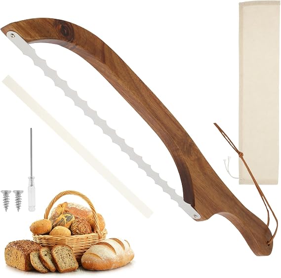 Bread Bow Knife for Sourdough, Serrated Bread Bow Acacia Wood Handle Sourdough Knife with Blade Guard & Replacement Blade, Stainless Steel, Left & Right Handed Bow Slicer for Homemade Loaf Bagel Cake