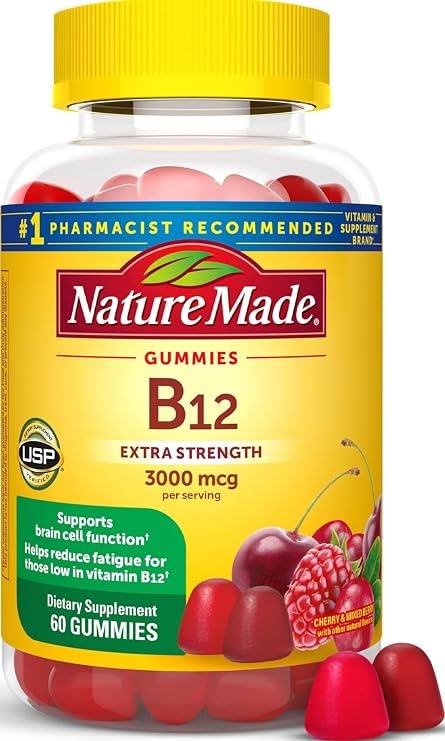 Nature Made Extra Strength Vitamin B12 Gummies 3000 mcg per Serving, 60 Ct | B12 Vitamins for Energy Metabolism Support, Gummy Vitamins for Men and Women, Mixed Berry Flavor, 30 Day Supply