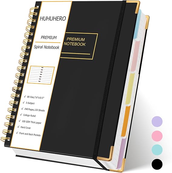 5 Subject Notebook with Dividers, Lined Spiral Journal, 7.6" x 10.5", Black