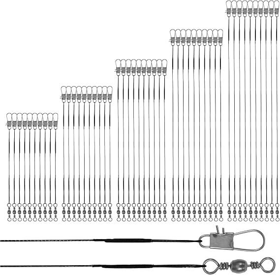 50 Pcs Wire Traces Pike Fishing, 5 Size 10/15/20/25/30 cm Steel Wire Fishing Leader with Swivels and Snap, High-Strength Anti-Bite Wires Leader Line Kit for Saltwater Freshwater (Black)