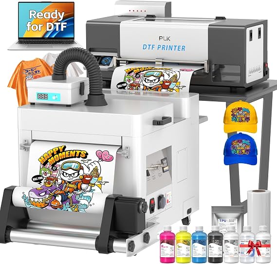 PLK A3 DTF Printer with Shaker Dryer&Laptop&Purifier | Upgraded XP600 Printhead,Double-Speed,Auto-Clean&Holiday Mode,Dual White Ink System & Low Ink Alert,Apparel Printer