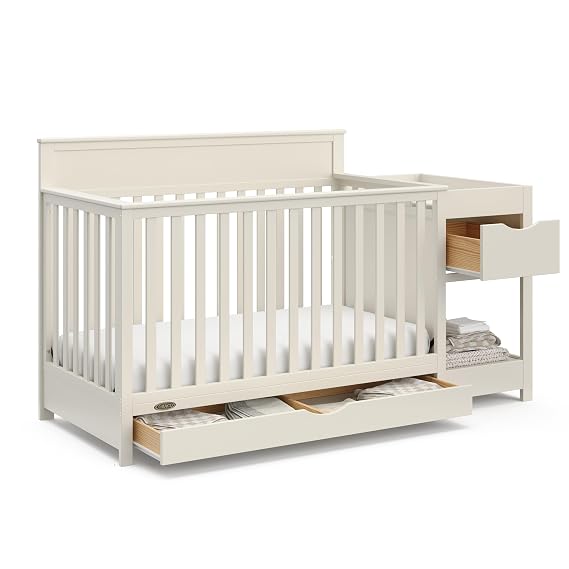 Graco Shiloh 5-in-1 Convertible Crib & Changer with Drawer, Frosted Oat | GREENGUARD Gold Certified, Baby Crib & Changing Table Combo, Includes Water-Resistant Changing Pad, Converts to Full-Size Bed