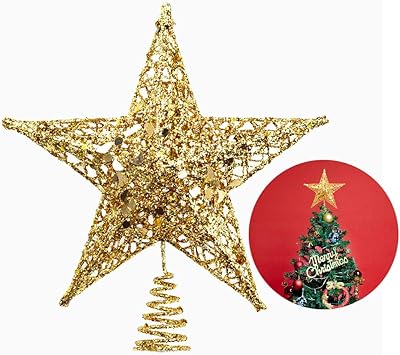 Christmas Tree Star Topper, Xmas Tree Topper Glittered 5 Point Star Treetop for Christmas Tree Ornament Indoor Party Home Decoration Golden, 6inch