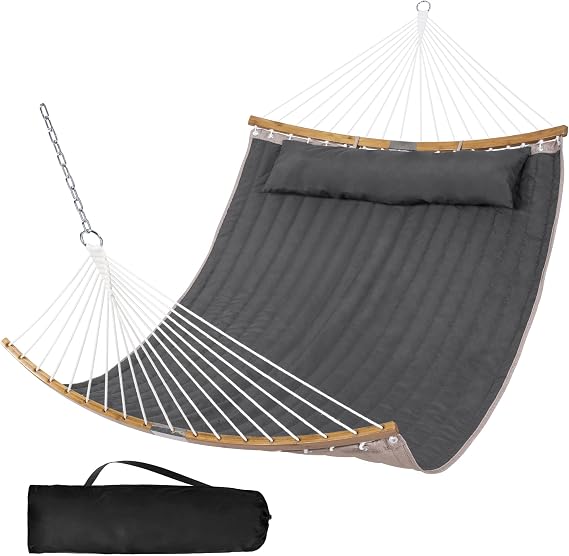 SUNCREAT Portable Double Hammock with Curved Spreader Bar, Dark Gray | 450 lbs Capacity, Heavy Duty Outdoor Hammock with Outer Bag