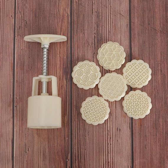 Mooncake Mold 7Pcs/set 50g Mooncake Mold Set Chinese Style Cookie Stamp Cutter Hand Press Geometric Pattern Pastry Mold DIY Home Kitchen Baking Tools