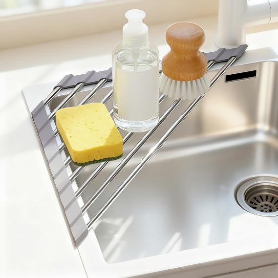 OYEWALLS Corner Sink Roll Up Triangular Dish Drying Rack, Small Multipurpose Stainless Steel Corner Shelf Over the Sink, Kitchen Drainer & Organizer for Space-Saving Storage