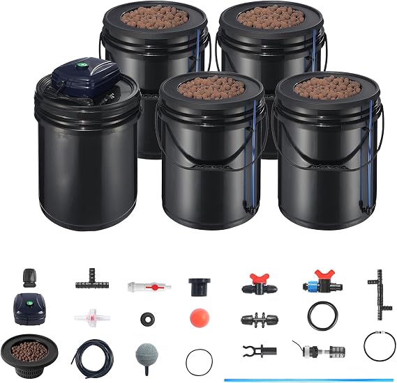 Happybuy RDWC Hydroponics Grow System, Recirculating Deep Water Culture Kit, 4 Buckets & 1 Reservoir, with Top Drip, Air Pump, Water Level Device for Leafy Vegetables