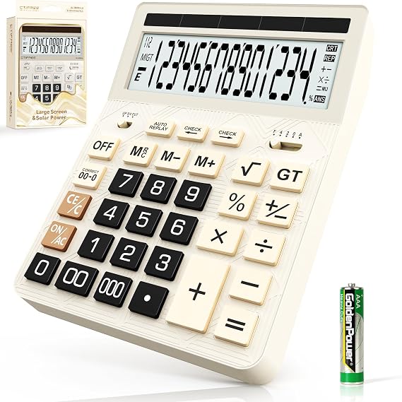 Calculators Desktop, 2026 Upgrade 14 Digit Large Size Calculator with 5-Inch LCD Display and Solar Power, Office Calculator for Desk (White)
