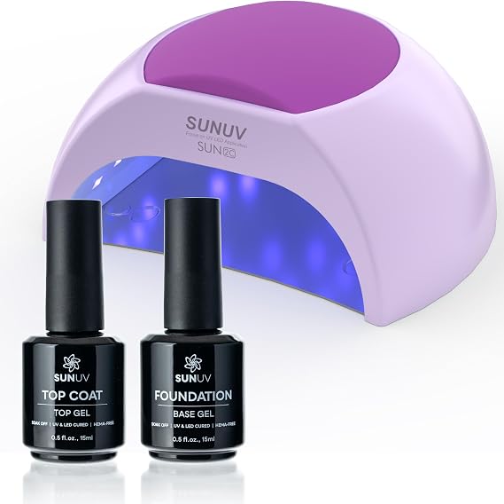 SUNUV 48W UV Light for Nails, 15ml Top and Base Coat Gel Polish Set Home and Salon Use SUN2C Purple