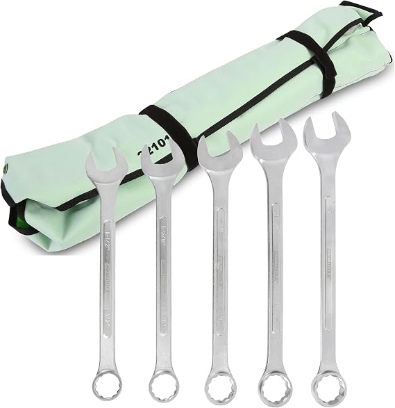 OEMTOOLS 22101 5 Piece SAE Jumbo Combination Wrench Set, Large Combination Wrench Set, SAE Sizes | Box End Metric Wrench Set, 15 Offset Wrenches, Chrome Plated Finish, Includes Canvas Wrench Roll, Drop-Forged Alloy Steel