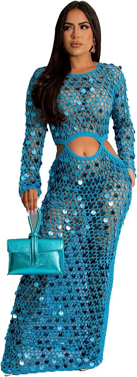 RanRui Women Sexy Long Sleeve Sequin Crochet Maxi Dress Cold Tummy Beach Cover Handmade Knitted Hollow Sequin Beach Dress