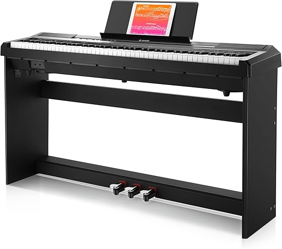 Donner Digital Piano 88 Keys Semi Weighted Keyboard with Piano Stand, Full Size Electric Piano with Triple Pedal USB MIDI 8 Tones & 128 Polyphony, Gifts for Beginners, DEP-10S