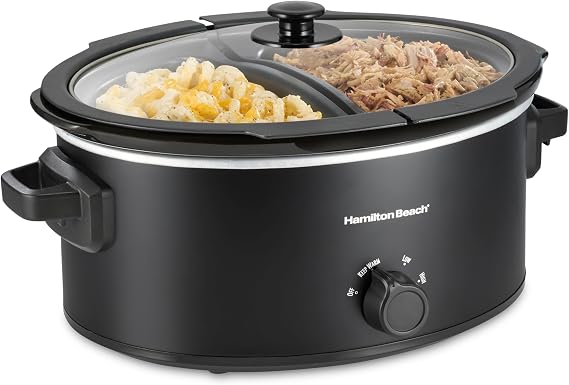 Hamilton Beach 6 Quart Double Dish Slow Cooker, Cooks 2 Meals At Once | Dual 2.5 Quart Nonstick Insert | 3 Heat Settings | Serves 7+ | Dishwasher Safe Stoneware Crock & Glass Lid | Black | 33569