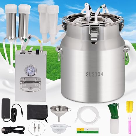8L Cow/Goat 2 in 1 Electric Milker Machine Goat Milker Cow Milking Machine, The Latest Pulsation Vacuum Pump with Pressure Gauge, 304 Stainless Steel Bucket (Plug-in)