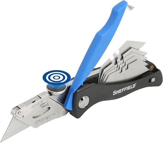 Sheffield 12119 Utility Knife & 5 Utility Knife Blade Storage Compartment | Utility Knife Accepts Standard Utility Blades For Home, Office, Trades, and Warehouse