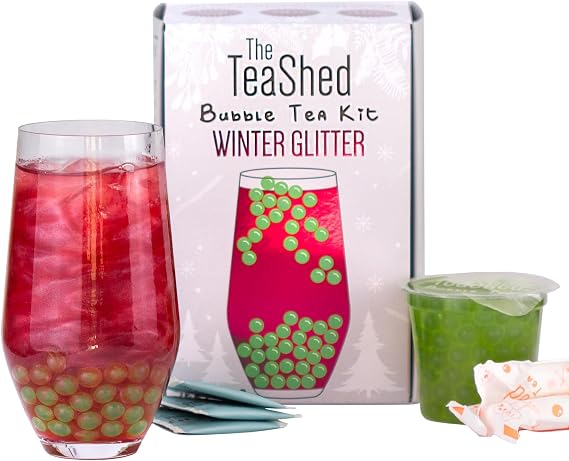 Winter Glitter Christmas Bubble Tea Kit Gift Box |Glitter Cranberry Bubble Tea Syrup, Apple Popping Boba, Premium Tea and Paper Straws | Makes 3 Bubble Teas | Vegan | by THE TEASHED